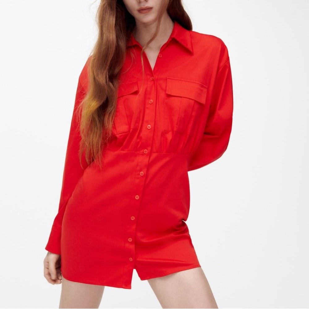 NWT ZARA POPLIN SHIRT UTILITY DRESS | MINIMALIST CHIC XS RED
